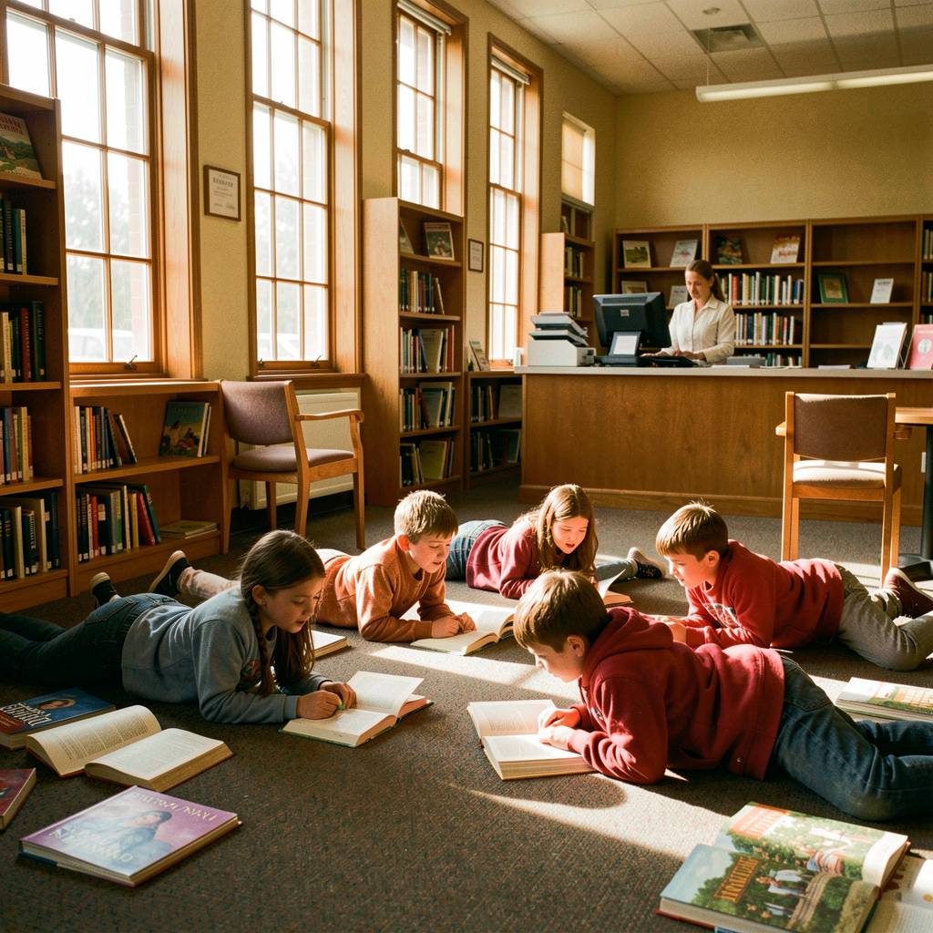 Children sprawled on the library floor with books as Librarian Doris Kim works at the circulation desk — the summer reading program in full swing.