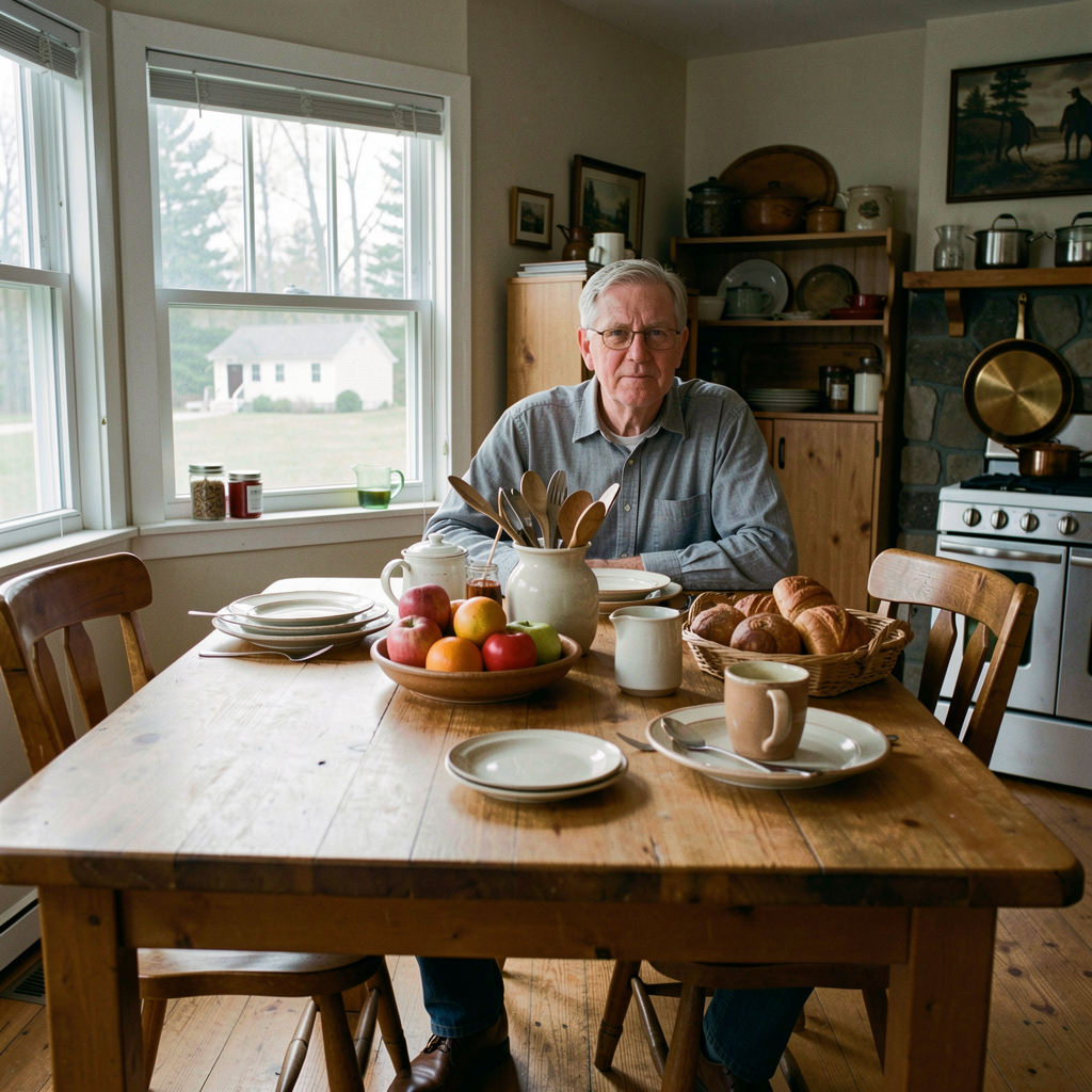 Henry Farr at the kitchen table with his coffee and ledger books — a farmer's morning in rural Maine, studying numbers that have not added up in seven of the last ten years.