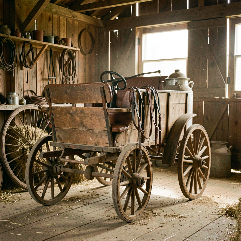 The restored 1919 milk wagon, built by Elias Farr, sits in the equipment shed — Bess's harness still draped over the seat, a relic of Willow Creek's dairy heritage.