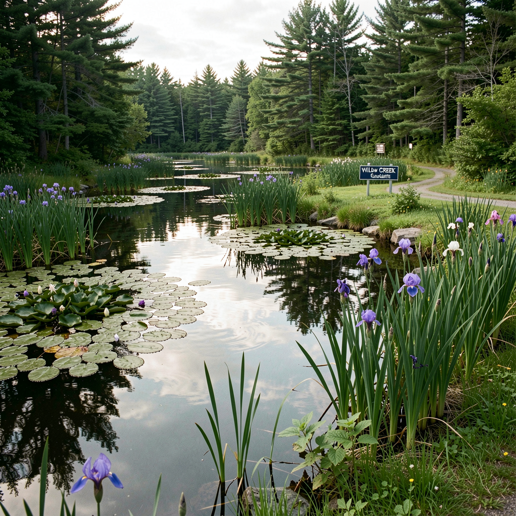 A Beaumont watercolor in the foreground, the actual view of Homan's Pond visible through the library window beyond — art reflecting life reflecting art.