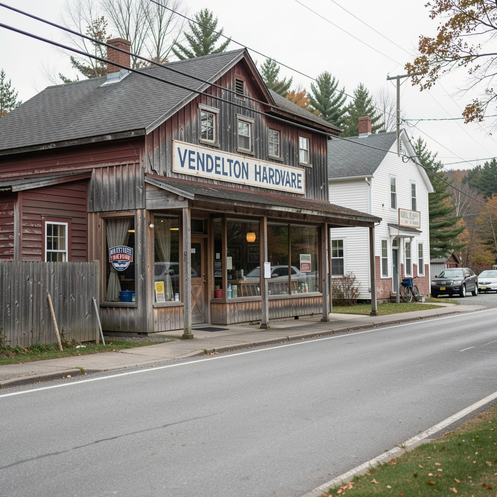 The former Pendelton's Hardware store, a community memory in brick and glass — one of seven vacant properties at the center of Eleanor Vance's tax incentive proposal.
