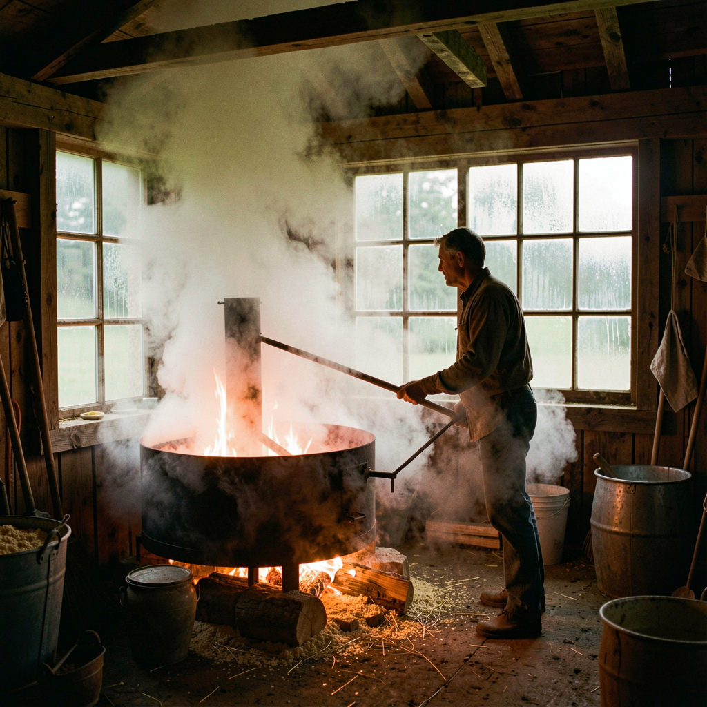 Steam billows from the evaporator inside O'Flaherty's sugarhouse as Niall works the boil — the sweet, wood-fired heart of the family's maple syrup tradition.