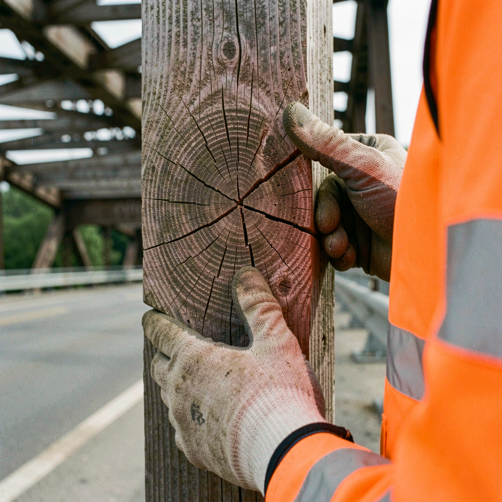 A cracked support beam on the Pond Road bridge, inspected by the town road crew — the kind of infrastructure work that keeps small-town life running safely.