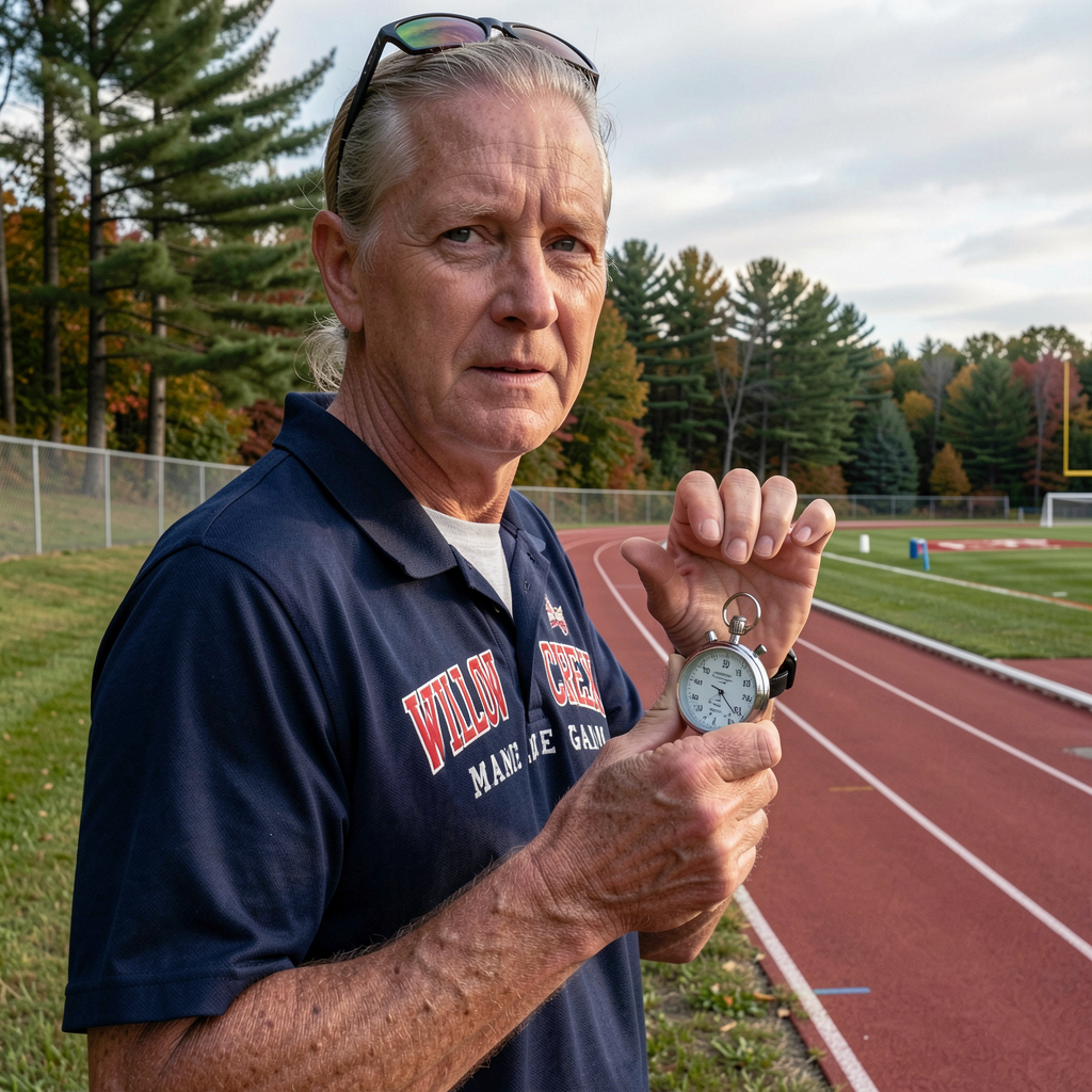 Coach Dan Tremblay times his runners, stopwatch in hand, with the team spread across the field behind him — 24 student-athletes preparing for the county meet.